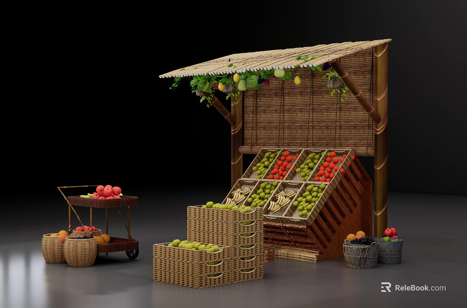 Fresh Fruit Stall With Bamboo Thatched Roof Various Fruits And Wicker Baskets 3d model 