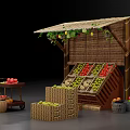 Fresh Fruit Stall With Bamboo Thatched Roof Various Fruits And Wicker Baskets