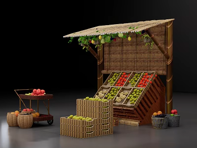 Fresh Fruit Stall With Bamboo Thatched Roof Various Fruits And Wicker Baskets 3d model