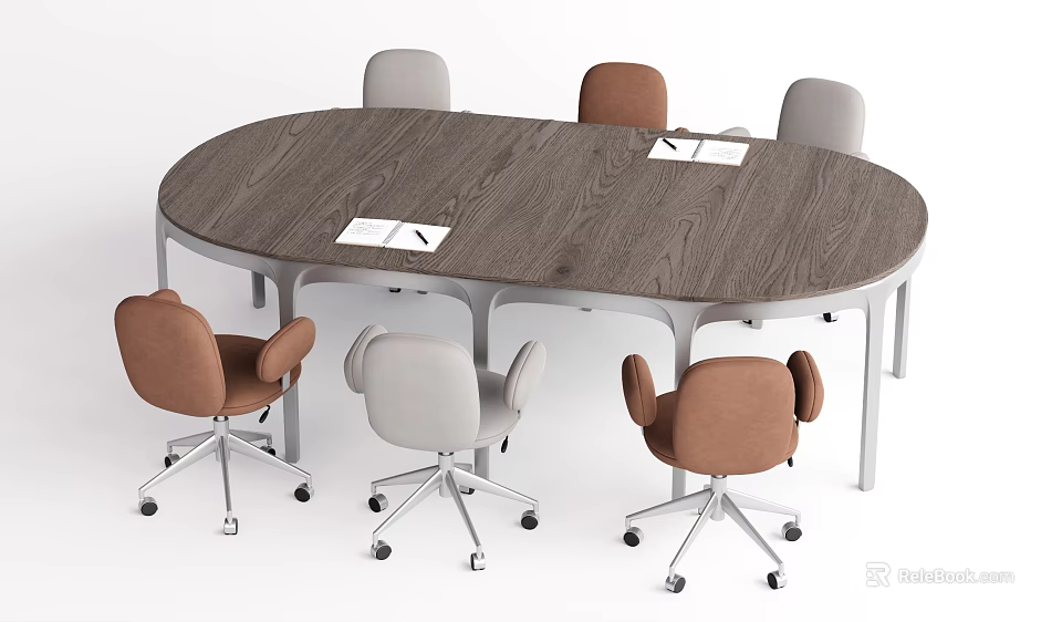 Oval Wooden Conference Table With Metal Frame And Brown Gray Wheeled Chairs 3d model 