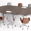 Oval Wooden Conference Table With Metal Frame And Brown Gray Wheeled Chairs