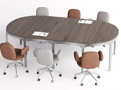 Oval Wooden Conference Table With Metal Frame And Brown Gray Wheeled Chairs 3d model