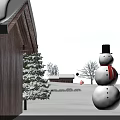 Snowman With Red Scarf Near Snow Covered Pine Trees On Snowy Ground