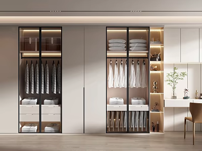 Modern Wardrobe Interior With Glass Doors Hanging Clothes Folded Garments And Shelves 3d model