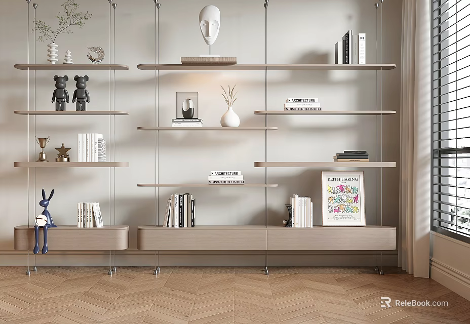 Modern Minimalist Floating Shelves Displaying Decorative Items Books And Sculpture In Interior Design 3d model 