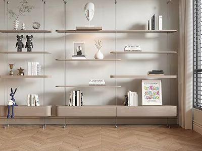 Modern Minimalist Floating Shelves Displaying Decorative Items Books And Sculpture In Interior Design 3d model