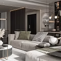 Modern Living and Dining Room with Sofa Coffee Table Pendant Lighting and Wooden Floor