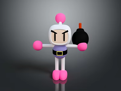 Game Movie Character With Pink Ears Hands Feet White Purple Body Black Belt Holding Bomb 3d model