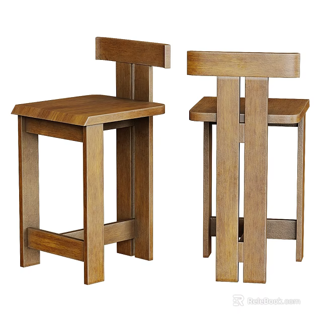 Modern Solid Wood Bar Stools With Backrest And Brown Finish Design 3d model