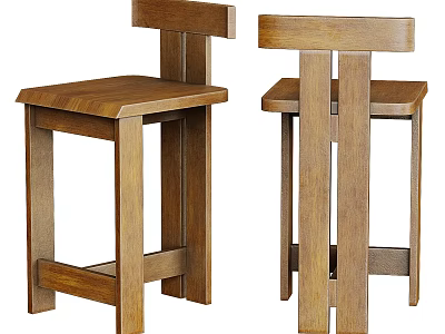 Modern Solid Wood Bar Stools With Backrest And Brown Finish Design 3d model