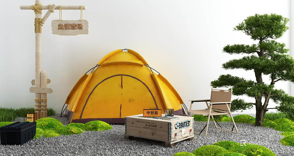 Yellow Camping Tent With Wooden Crate And Chair On Gravel Ground Near Green Grass 3d model 