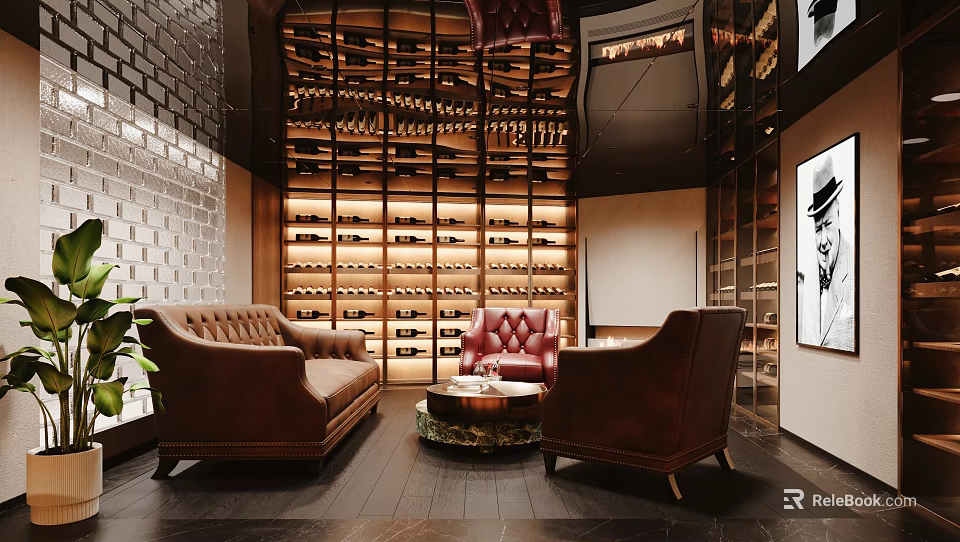 Luxury Wine Cellar Interior With Sofas Armchair And Coffee Table 3d model 