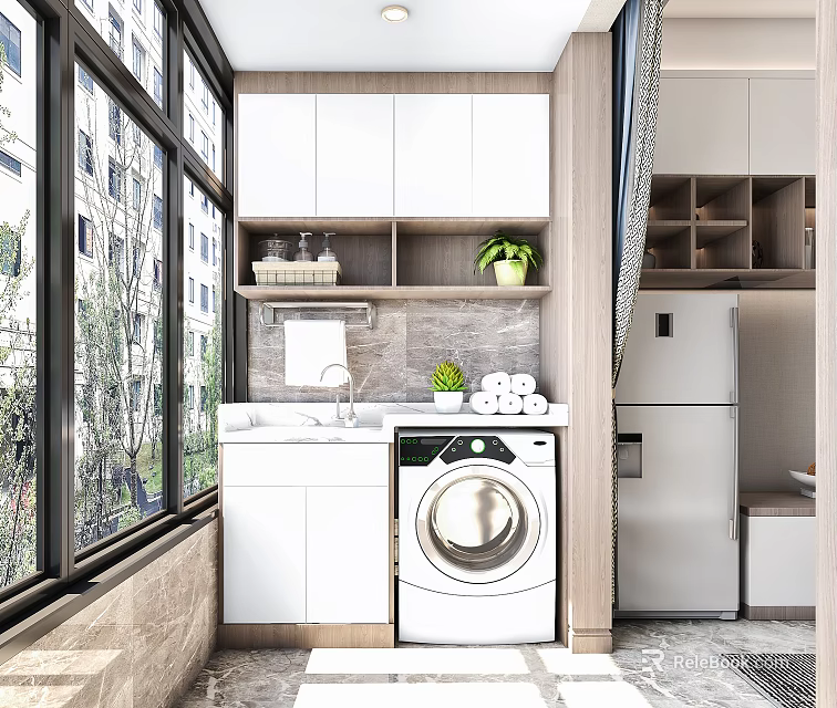 Functional Home Balcony With Washing Machine Sink Windows Plants And Storage Cabinets 3d model 