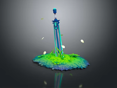 Fantasy Blue Purple Sword With Green Grass Platform And Falling White Leaves 3d model