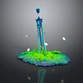 Fantasy Blue Purple Sword With Green Grass Platform And Falling White Leaves