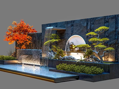 Outdoor Scenic Wall Design With Waterfall Plants Circular Lighting And Stone Finish 3d model