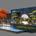 Outdoor Scenic Wall Design With Waterfall Plants Circular Lighting And Stone Finish