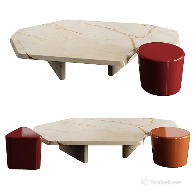 Modern Hexagonal Marble Coffee Table With Red And Orange Stools Design 3d model