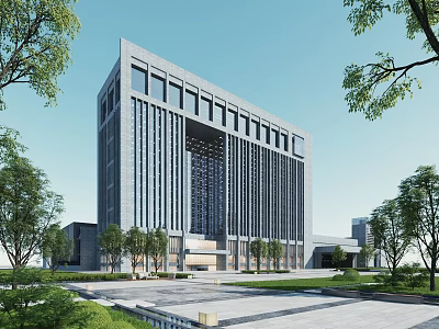 Modern High Rise Office Building Exterior With Glass Curtain Walls Front Plaza And Surrounding Trees 3d model