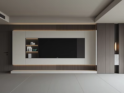 Modern TV Wall Interior Design With Wooden Cabinets And LED Lighting 3d model