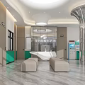 Modern Public Lobby Interior With Green Beige Walls Glass Partitions Sofa Seats And Reception Desk