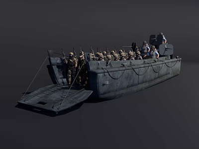 Military Warship with Many Soldiers Standing on Deck and Open Front Ramp 3d model