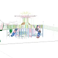 Children's Play Area with Lotus Shaped Structure Kids Playing and Parents Nearby Trees Pebble Ground