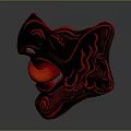 Three Red Traditional Demon Masks with Fierce Expressions and Decorative Patterns Representing Mythical Creature Roles