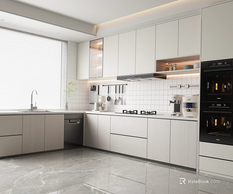 Modern Kitchen Interior Featuring White Cabinets Sink Stove Dishwasher Coffee Maker And Marble Floor 3d model 
