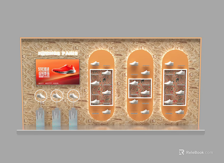 Running Shoes Store Display With Wooden Shelves And Multiple Sneaker Compartments 3d model 
