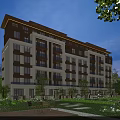Modern Mid Rise Residential Building With Balconies Landscaped Garden Courtyard And Evening Lighting