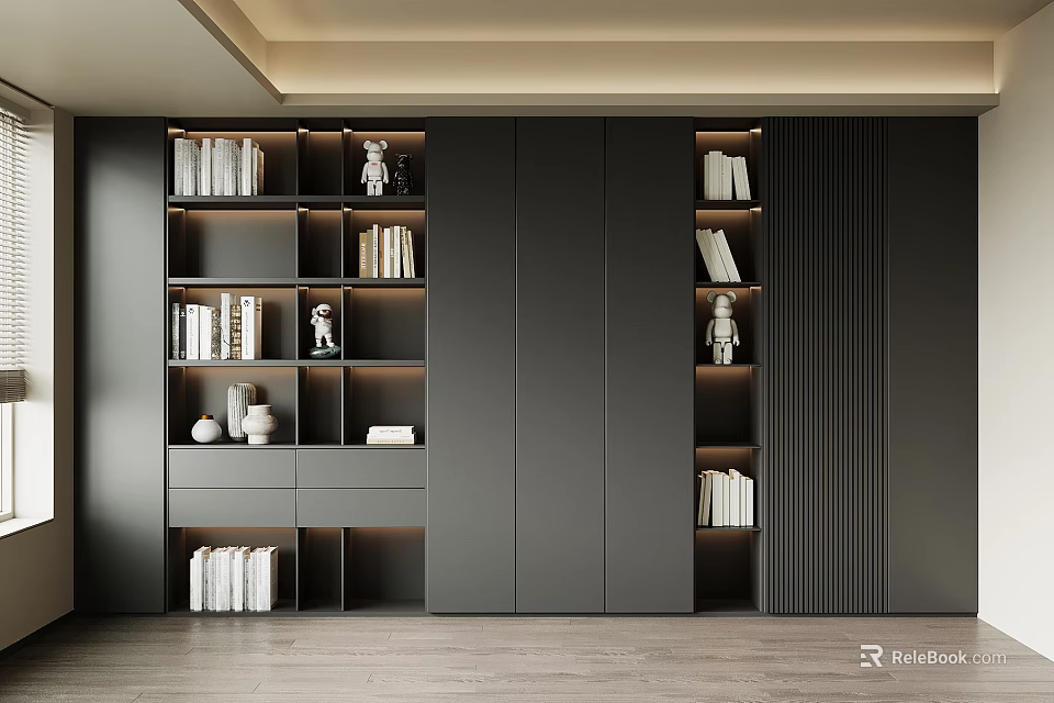 Modern Dark Bookcase With Open Shelves Closed Cabinets And Decorative Items 3d model 