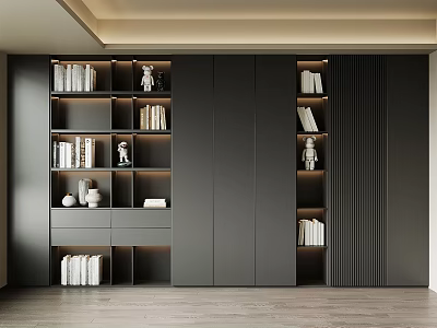 Modern Dark Bookcase With Open Shelves Closed Cabinets And Decorative Items 3d model