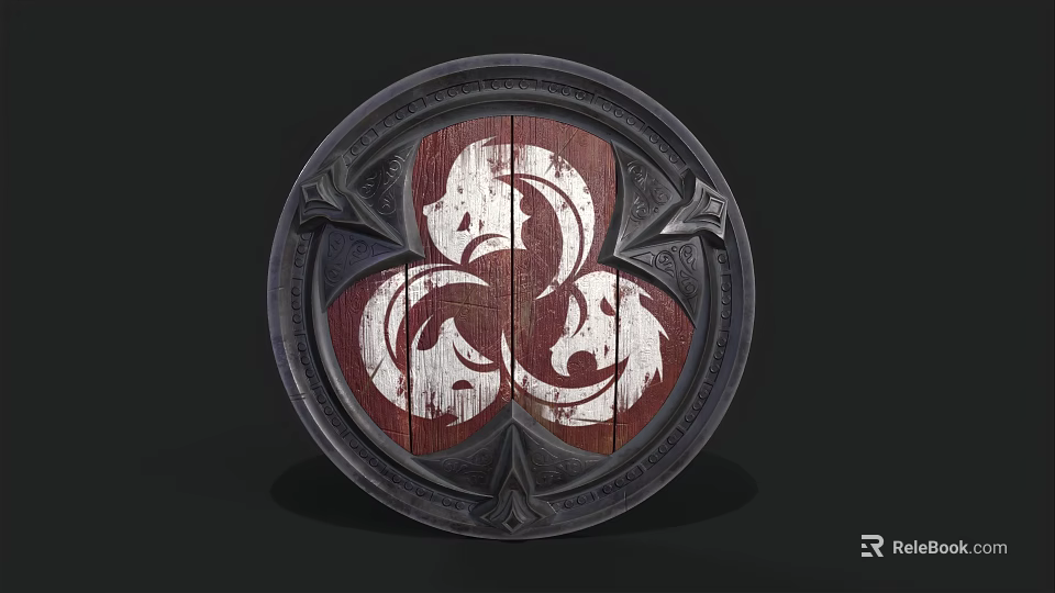 Round Decorative Shield With Ornate Frame Red And White Pattern Wooden Texture And Metal Accents 3d model 