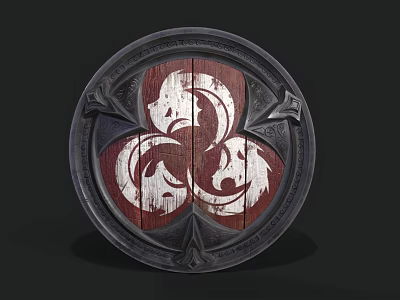Round Decorative Shield With Ornate Frame Red And White Pattern Wooden Texture And Metal Accents 3d model