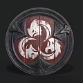 Round Decorative Shield With Ornate Frame Red And White Pattern Wooden Texture And Metal Accents
