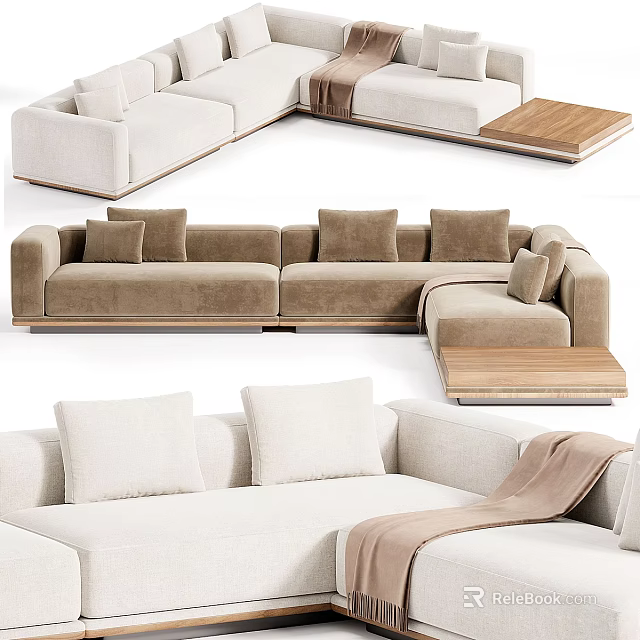 Modern Sectional Sofa With Plush Cushions And Wooden Side Table 3d model