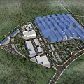Aerial View Planning of Industrial Complex With Large Blue Buildings Road Network and Green Surroundings
