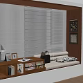 Wooden Built In Window Seat Area With Blinds Bookshelf And Decorative Paintings