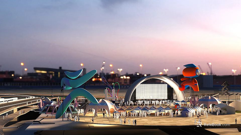 Amusement Park With Colorful Sculptures And Arch Structure 3d model 