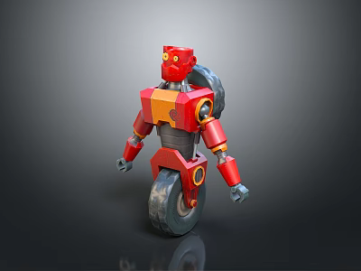 Red Mechanical Robot Character 3D Model With Single Wheel And Orange Accents 3d model