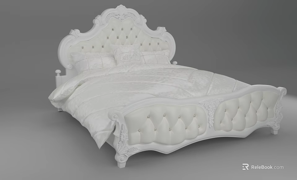 Elegant White Double Bed With Carved Upholstered Headboard And Decorative Footboard 3d model 