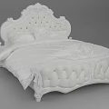 Elegant White Double Bed With Carved Upholstered Headboard And Decorative Footboard