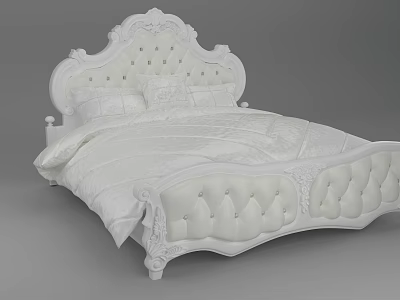 Elegant White Double Bed With Carved Upholstered Headboard And Decorative Footboard 3d model