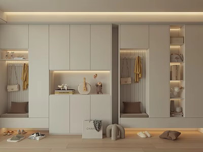 Modern Minimalist Shoe Cabinet Interior With Storage Hooks Seating And Decorative Shelves 3d model