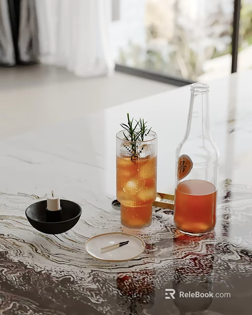 Tabletop Decorative Ornament Set With Glass Cup Rosemary Ice Cubes Glass Bottle Candle Small Plate And Pen 3d model 