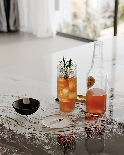 Tabletop Decorative Ornament Set With Glass Cup Rosemary Ice Cubes Glass Bottle Candle Small Plate And Pen 3d model