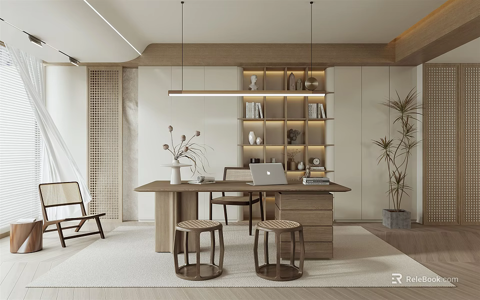 Minimalist Modern Study Room Interior With Wooden Bookshelf Desk Chair And Hanging Lamp 3d model 