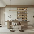 Minimalist Modern Study Room Interior With Wooden Bookshelf Desk Chair And Hanging Lamp