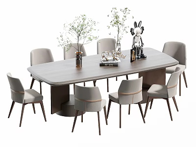 Modern Wooden Dining Table Set With Light Gray Upholstered Chairs And Green Plant Decor 3d model